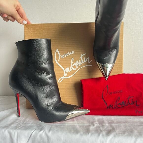 CHRISTIAN LOUBOUTIN Black Metal Toe Ankle Booties Calamijane 100mm Wingtip sz 37 - Picture 3 of 13